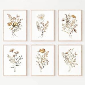 Watercolor Flower Wall Art Set of 6 Botanical Wildflower Wall Decor Boho Neutral